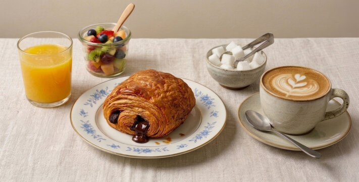Caf&eacute; da manh&atilde; gourmet com pain au chocolat, caf&eacute; com leite, suco de laranja e salada de frutas em mesa r&uacute;stica