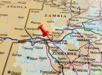 Obraz premium View of Livingstone, is a city in Southern Province, Zambia, on a geographical map of Africa, marked with red push pin