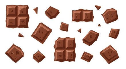 Obraz premium Set of Broken Milk Chocolate Bar Pieces and Chunks Illustration Isolated on White Background