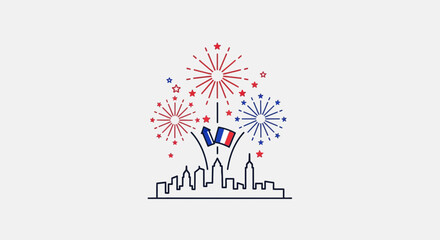 Fototapeta premium French Flag Fireworks over Skyline Celebration Vector Illustration