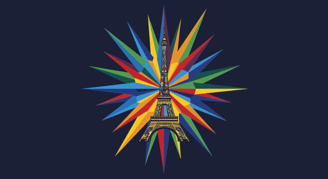 Eiffel Tower Starburst Colorful Abstract Geometric Design on Dark Blue Background