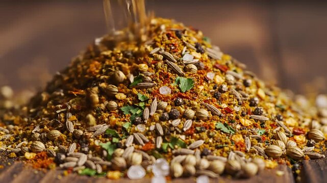 Aromatic Spice Blend Pile CloseUp Macro Shot on Wooden Surface.