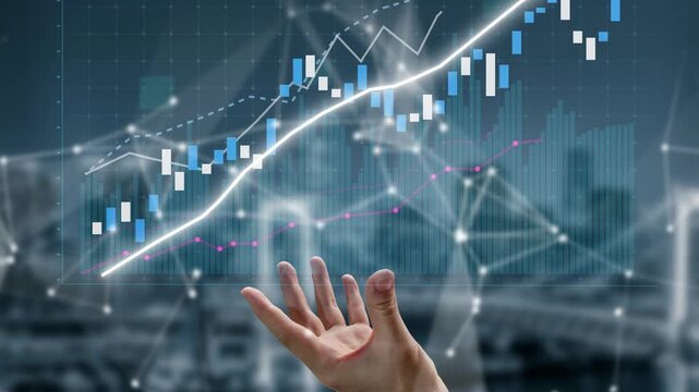 A hand reaches towards a financial graph illustrating market trends and performance, captured in a digital setting, showcasing data visualization and growth. Copula