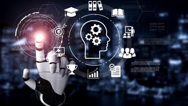 Futuristic Robot Hand Touching Virtual Interface with Digital Icons Representing Knowledge, Learning, Innovation, and Technology Concepts in Modern Setting Gluon.