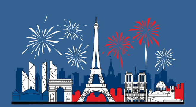 Paris Skyline with Eiffel Tower, Arc de Triomphe, Notre Dame and Fireworks