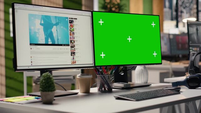 Isolated chroma key and video streaming platform on dual monitors, online entertaining content on social network for monetization and marketing. User engagement, internet of things.