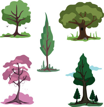 Stylized coniferous tree with small bushes and clouds, doodle sticker 