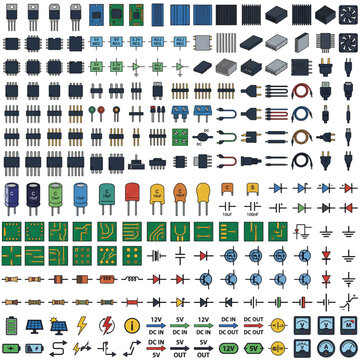 Collection of electronic components and symbols.
