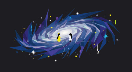 Two figures gaze into a swirling abstract galaxy with colorful stars and geometric patterns. © sari