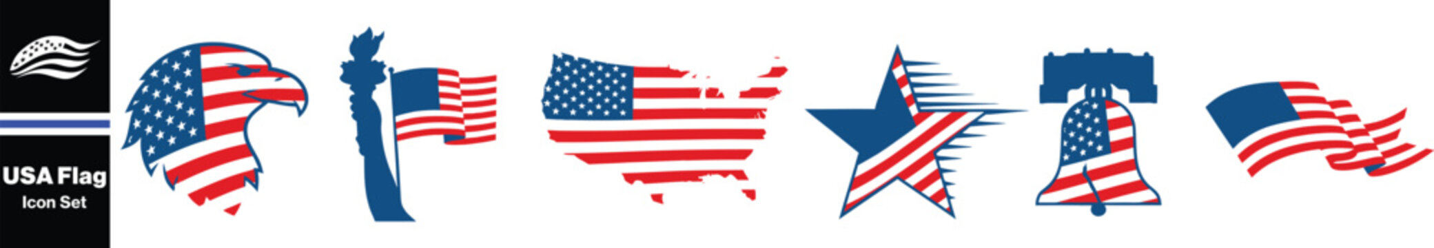 USA Flag . Vector of American flags flat images of different shapes of USA symbols. American flag and star vector icons collection with stripes and shapes design elements in black and white style. Fla