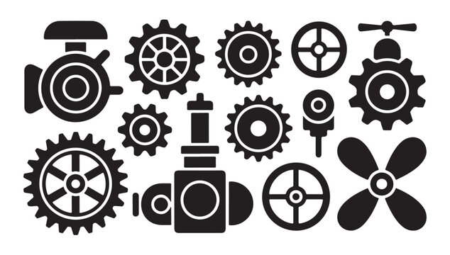 Collection of various mechanical machine parts gears and valves in black silhouette design.