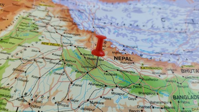 View of Lucknow, is a metropolis and the second largest city of the Indian state of Uttar Pradesh, on a geographical map of Asia, marked with red pushpin