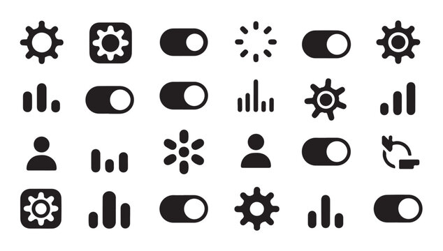 User interface icons set, settings, controls, graphs, and toggles vector collection.