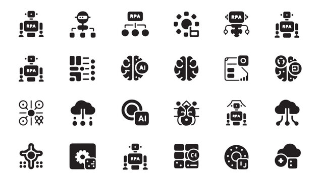 Robot automation RPA technology icons brain AI and cloud computing network system.