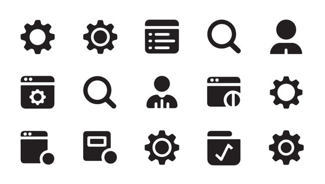 User account and web browser setting icons for computer interface and software applications.