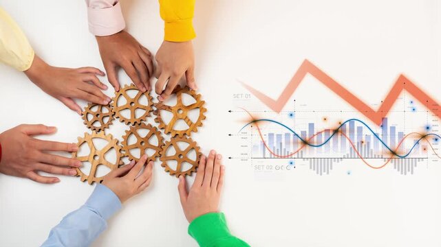 A group of diverse hands collaborating around wooden gears symbolizes teamwork and innovation, accompanied by data visualization showcasing business growth and progress. Raster