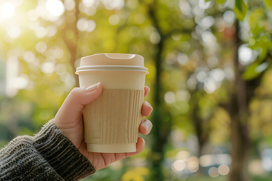 Sustainable urban lifestyle scene featuring a hand holding eco coffee cup against green nature bokeh with copy space for cafe promos.