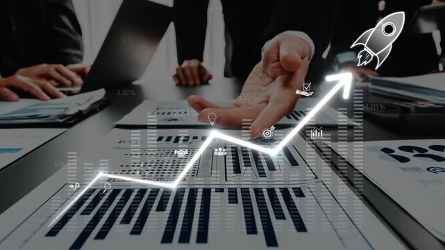 This image showcases a business meeting highlighting growth through a graph with a rocket symbol, representing success in planning and strategy. Raster