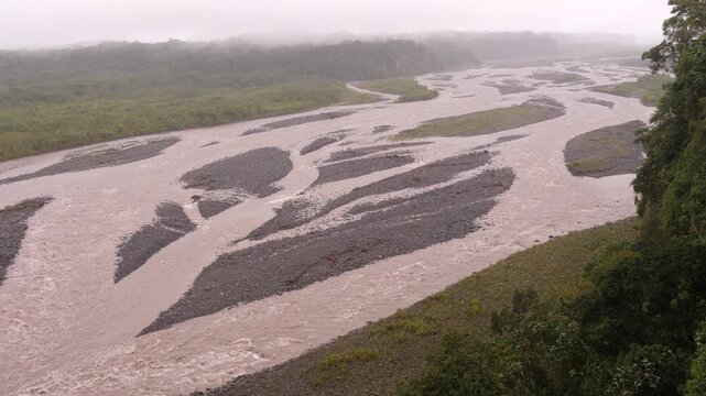 Rio Upano, a braided Amazonian river in Morona Santiago province, Ecuador, full of sediment received from the active Sangay volcano upstream