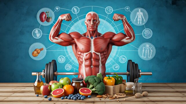 Muscular human anatomy model showing strong body with healthy food and fitness concept