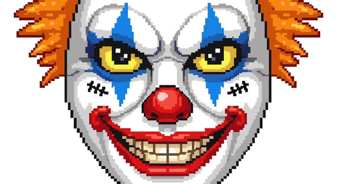 Scary Clown Face Pixel Art Illustration.