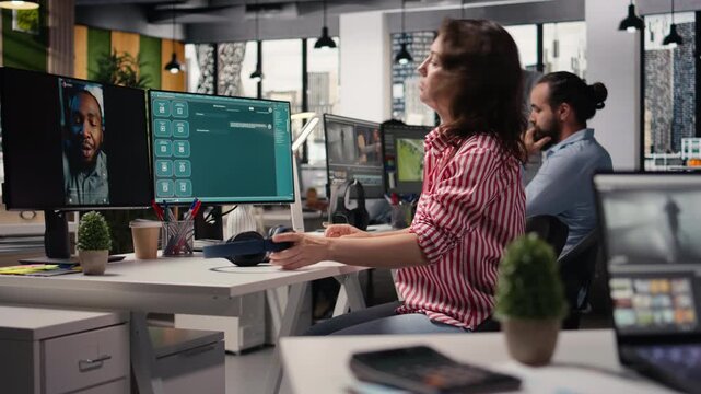 Woman staff writes prompt on generative AI agent chatbot software, large language model with machine learning and problem solving optimization. Virtual assistant online platform.