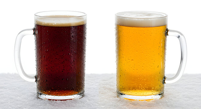 Two frosty beer mugs: Dark ale and light lager on a bed of white snow