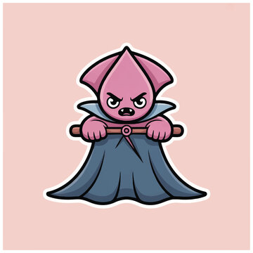 Cute cartoon vampire squid character with a cape.