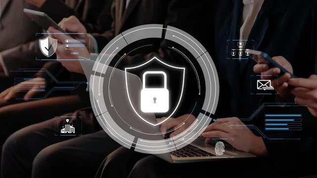 An illustration representing cybersecurity and data protection, featuring a digital lock icon. Business professionals engage with mobile devices in a sleek corporate environment. Raster