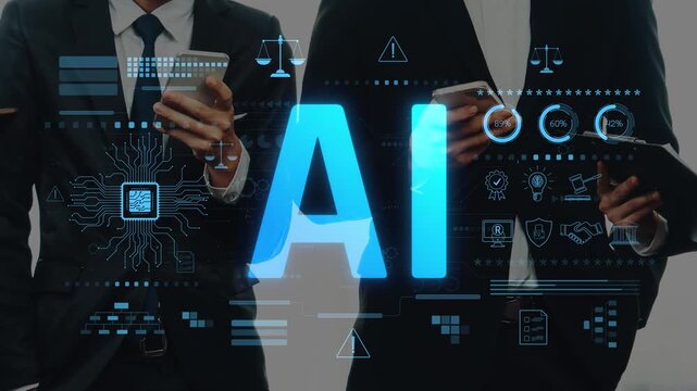 A dynamic business team engages with artificial intelligence technology in a modern workspace, showcasing digital insights and strategic collaboration for success. Raster