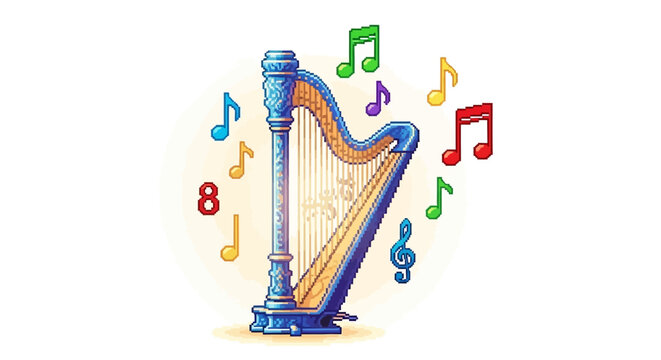 Beautiful Blue Harp With Musical Notes Floating Around.