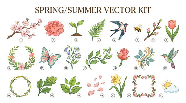 Spring and summer vector kit with flowers, leaves, and birds