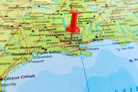 View of Baton Rouge, Capital city of Louisiana, United States, and seat of East Baton Rouge Parish, on a geographical map of America, marked with red push pin