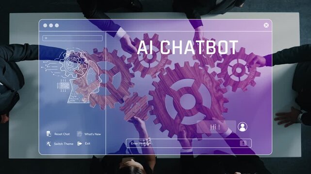 This image portrays a modern business meeting focused on AI chatbot technology, featuring gears and digital elements showcasing collaboration and innovation. Raster