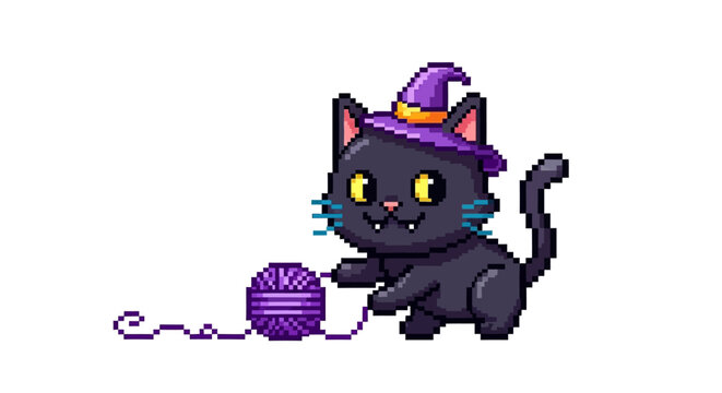 Cute Black Cat Wearing Witch Hat Playing with Yarn.