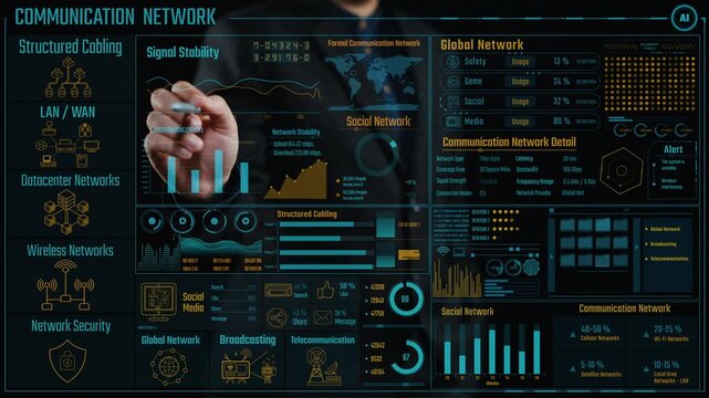 Explore the intricate world of communication networks through detailed visualizations and interactive data elements that highlight key technologies and structures. Cipher