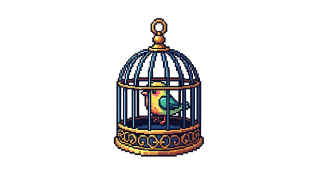 A colorful bird sits inside an ornate vintage birdcage.