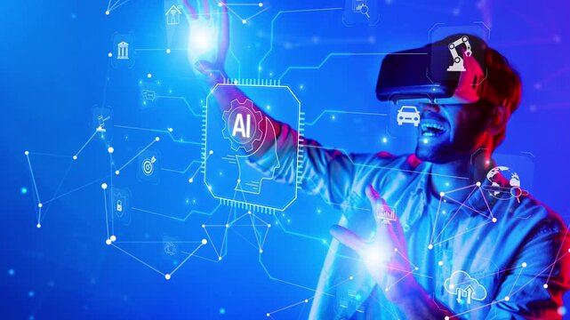 A joyful user engages with virtual reality technology, showcasing an exciting interaction with artificial intelligence interfaces in a vibrant digital environment. Raster