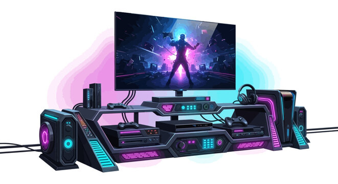 Futuristic Gaming Entertainment Center With Neon Lights