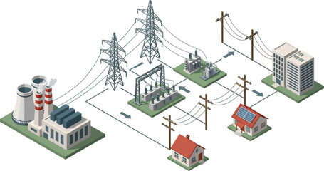 Fototapeta premium Isometric Vector Illustration of Electrical Power Grid Infrastructure Showing Generation Transmission and Distribution to Residential and Commercial Buildings