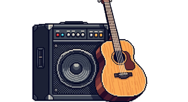 Acoustic Guitar Leaning Against a Vintage Amplifier.