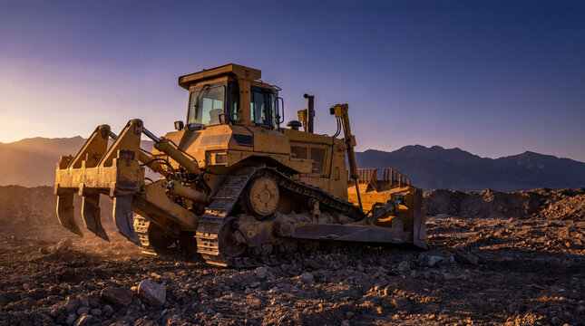 Heavy Duty Dozer With Ripper Attachment Glows at Twilight With Bold Earthmoving Capability and Style