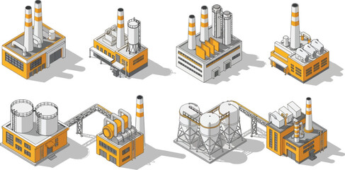 Fototapeta premium Set of Isometric Industrial Factory Buildings and Manufacturing Plants with Storage Silos and Pipelines for Urban Planning and Game Design