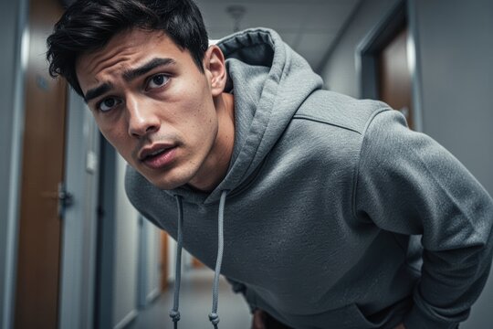 Man leaning forward in hoodie looking into camera in narrow hallway with concern