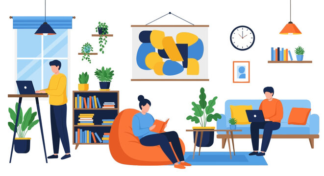People working and relaxing in a modern co-working space.