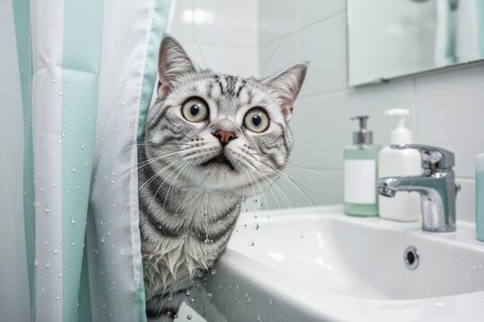 Cat peeking from shower curtain with wide eyes and wet fur in bathroom