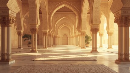 Fototapeta premium A long, sunlit corridor of a Moroccan palace is lined with ornate arches and pillars.