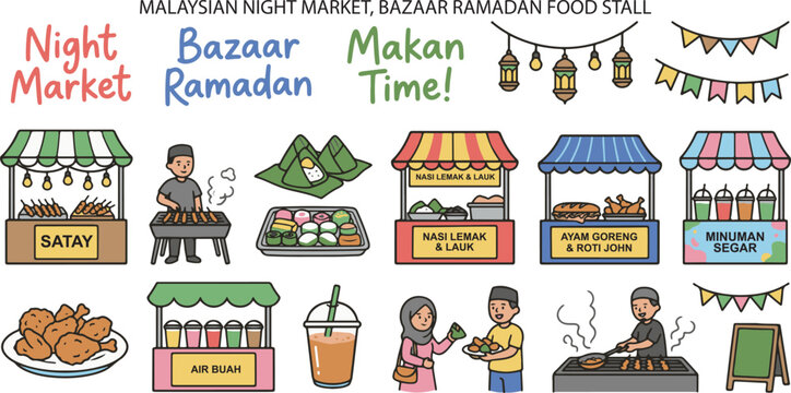 Malaysian Night Market, Bazaar Ramadan Food Stall, Asian Street Night Market, Set Doodle Cartoon Illustration