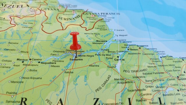 View of Santarem, is a municipality in the western part of the state of Para in Brazil, on a geographical map of America, marked with red push pin
