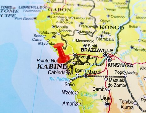 View of Cabinda, also known as Chioua, is a city and a municipality located in the Cabinda Province, an exclave of Angola, on a geographical map of Africa, marked with red push pin